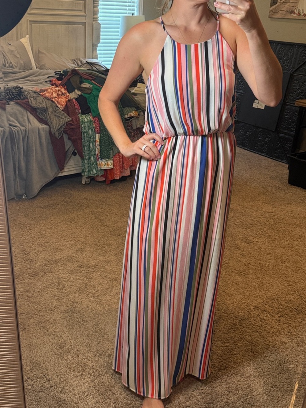 French Grey Multistripe Halter Maxi Dress in Pink, Blue, Green and Cream